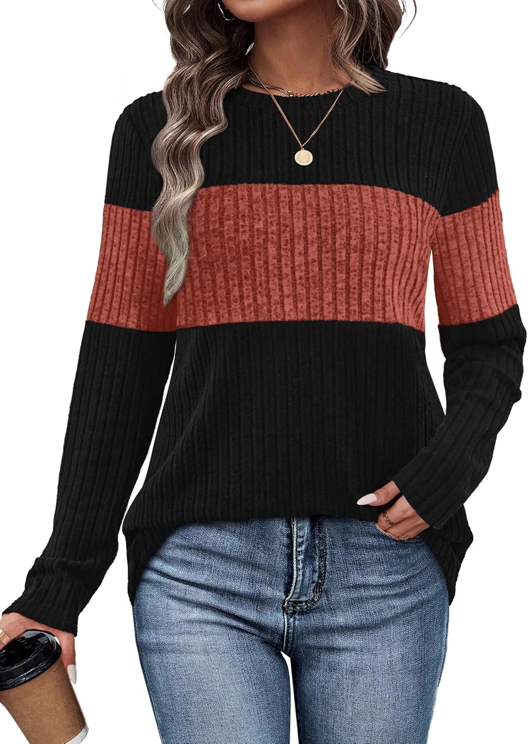 WIHOLL Womens Sweaters Trendy Color Block Tops Long Sleeve Shirts Fall Outfits Early Fall Fashion 2025 Winter Clothing